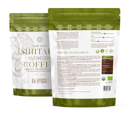 BIO Kawa z Shiitake Ra Hygge średnio mielona do filtrów - ekologiczna, niskokwasowa z ekstraktem Shiitake (227g)